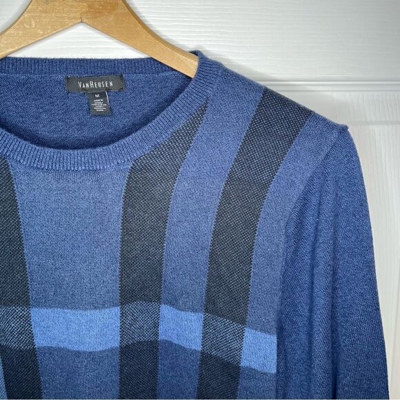 Van Heusen Mens Lightweight Long Sleeve Blue Cotton Crewneck Sweater Plaid M - Picture 4 of 8